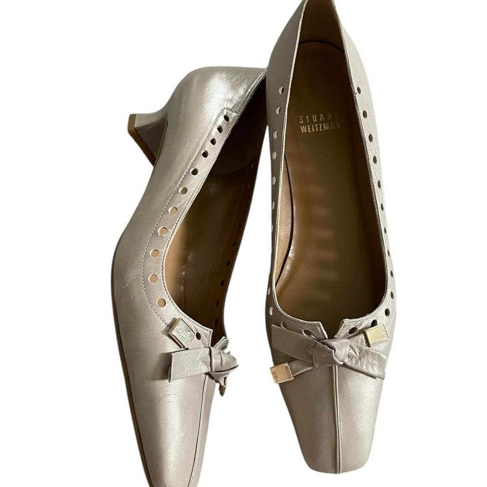 Stewart Weitzman beige bow tie block low heel shoes leather sz 9 - Picture 5 of 7